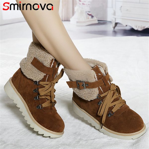 

smirnova 2020 winter new arrival fashion warm snow boots lace up shoes round toe women ankle boots black wholesale woman