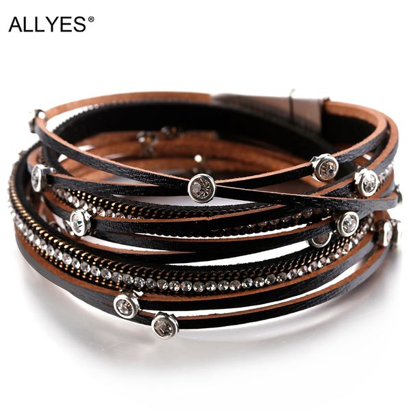 

allyes multiple layers crystal charm bracelet for women vintage leather bracelets & bangle femme jewelry, Golden;silver