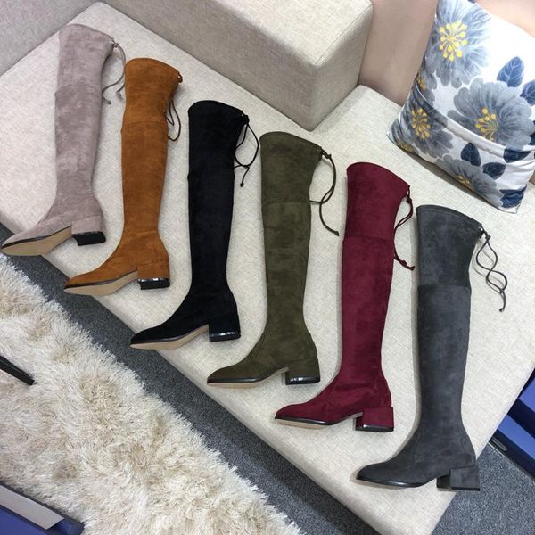 

women's boots new fashion over-the-knee boots genuine leather suede ladies design winter low heels big size 34-42, Black