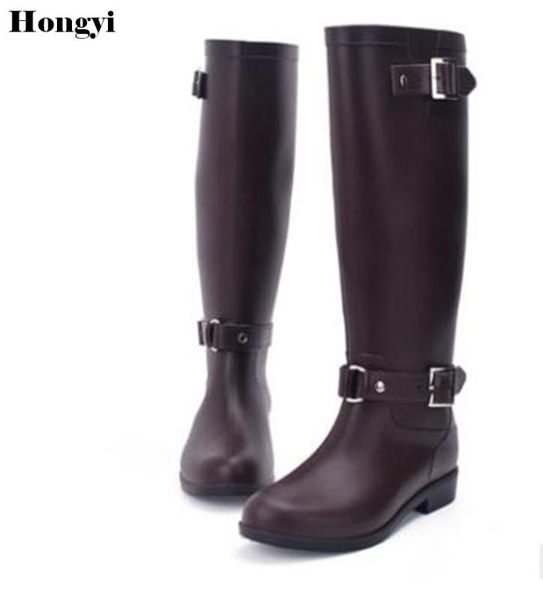 

women tall rain boots ladies low heels waterproof welly boots solid buckle high style nubuck rainboots 2020 new fashion design, Black