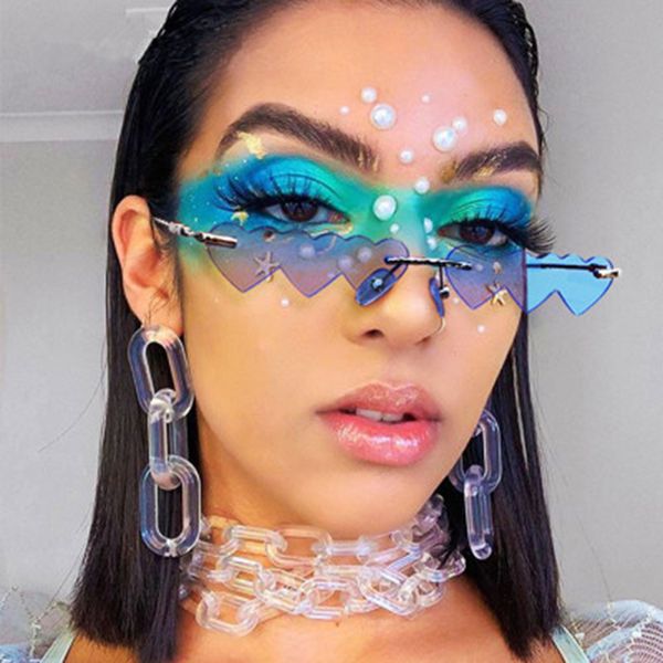 

sunglasses 2021 vintage design small rimless women love heart rectangle punk metal sun glasses for female uv400, White;black