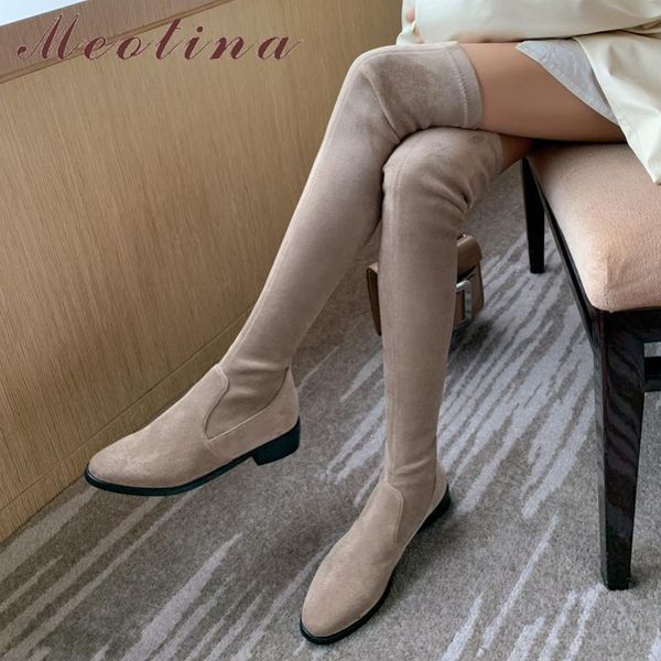 

boots meotina over the knee women shoes round toe low heel long slip on block heels stretch autumn winter black 43