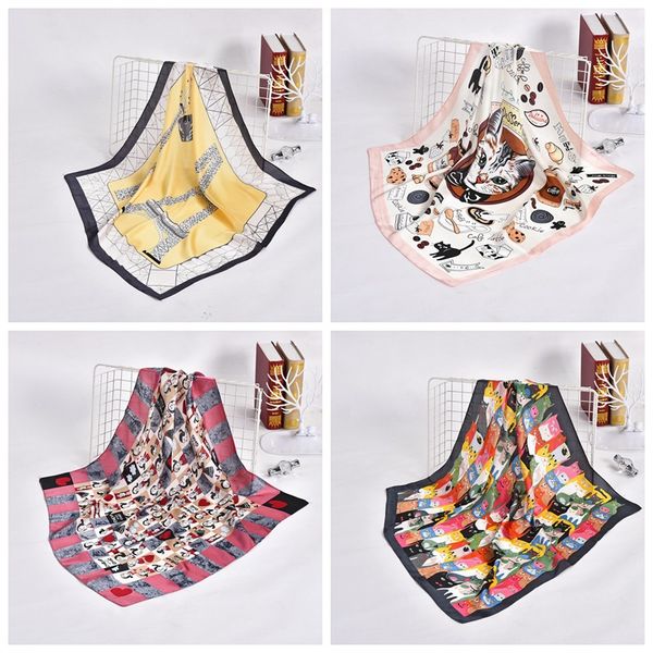 

women scarf europe design foulard 70*70cm retro spring summer office hair neck foulard cat print silk scarves, Blue;gray