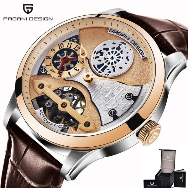 

wristwatches gold tourbillon automatic watch men pagani design mechanical mens watches genuine leather male clock waterproof reloj hombre, Slivery;brown