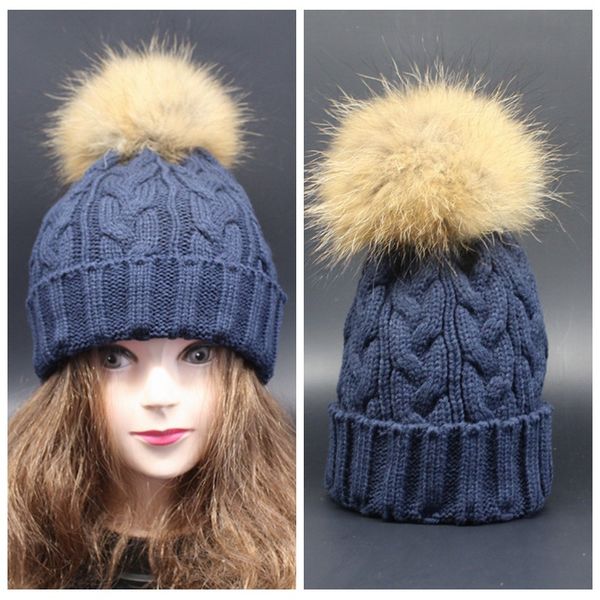 

winter new arrival genuine raccoon fur pom pom decor knitted bradied fur super big hat crimping hat twisted beanies, Blue;gray