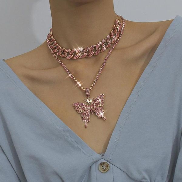 

pendant necklaces kmvexo 2021 iced out luxury bling pink crystal butterfly necklace women girl hip hop cuban chain choker jewelry, Silver