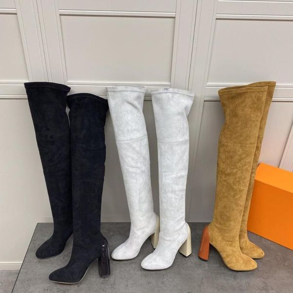 

boots winter shoes women over the knee kid suede super high heels round toe slip on zapatos de mujer, Black