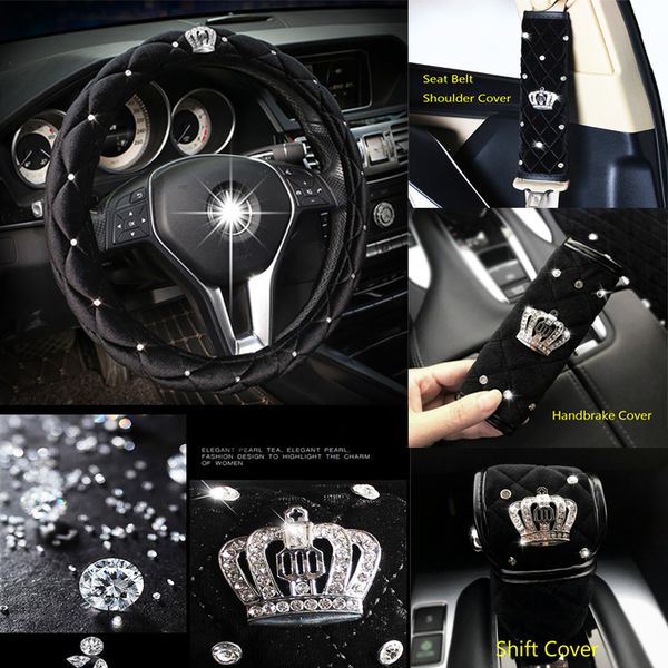 

winter plush diamond crystal crown car steering wheel cover rhinestone auto car steering-covers cases interior accessories