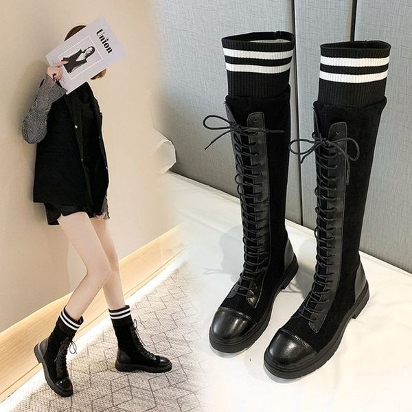 

ladies socks boots young woman autumn winter knee high boots lady fashion cross strap pu leather, Black