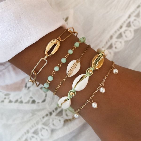 

link, chain 5pcs/set boho shell pearl bracelets set women fashion multilayer gem bead leather bracelet charm lady jewelry accessories, Black