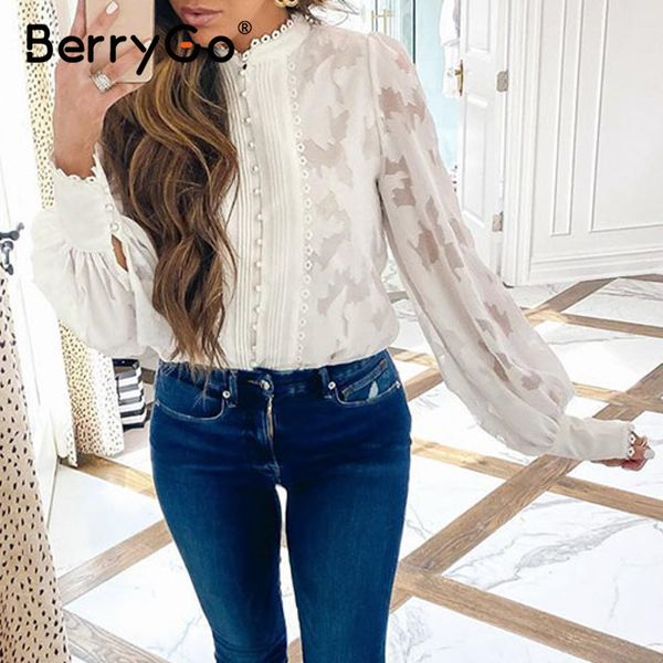 

berrygo casual crew neck women blouse shirt long sleeve hollow out flower female blouse office lady jacquard splice, White