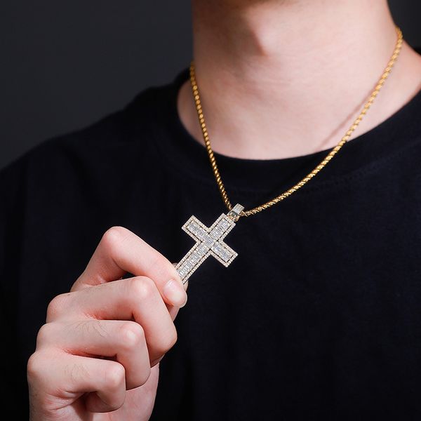 

luxury bling циркон hip hop крест кулон ожерелья vintage punk 18k gold родием copper cross мужские дизайнерские ожерелья, Silver