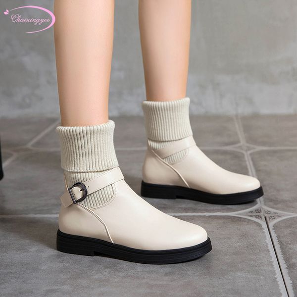 

sweet style round toe mid calf boots stretch knit wool belt buckle beige white black low heel motorcycle boots women's shoes