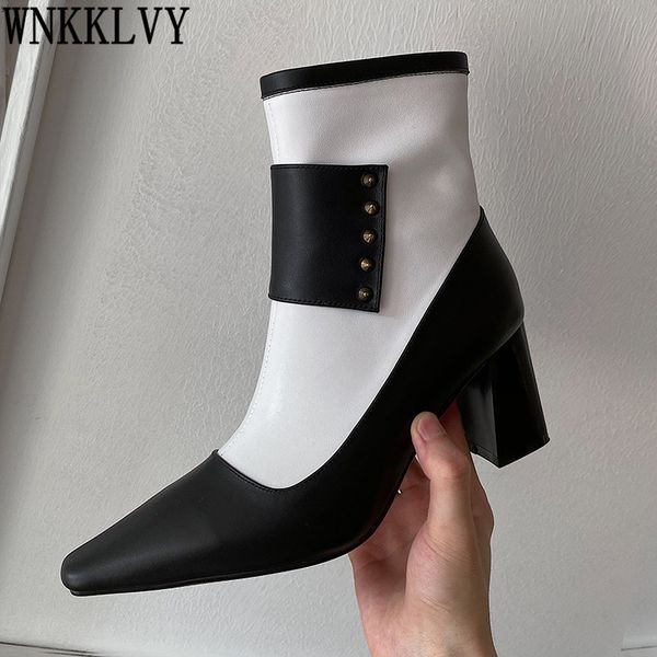 

chunky high heel stretch ankle boots women square toe metal rivets decor mixed colors short boots autumn runway shoes female, Black