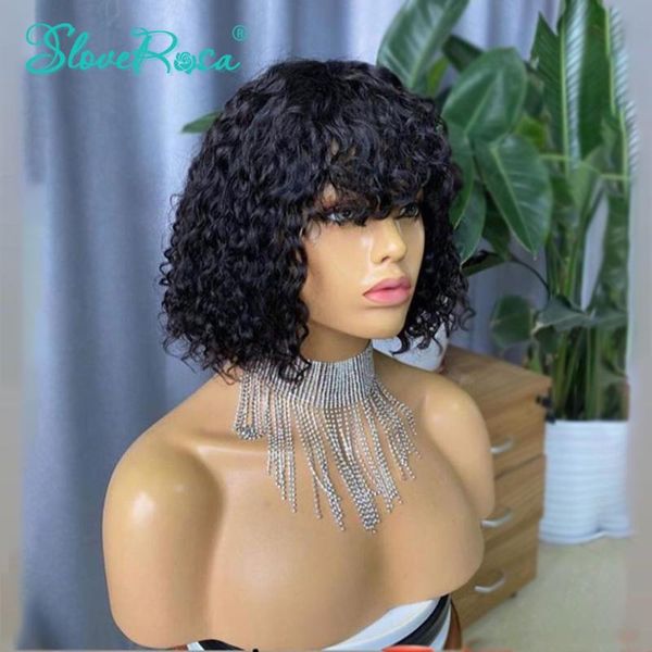 

human hair 2x4 short curly bob brazilian remy wigs with bangs 150% 180% machine made wigs for women black pre plucked slove rosa, Black;brown
