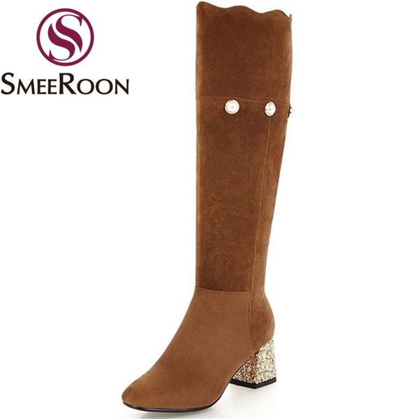 

boots smeeroon 2021 string bead knee high comfortable square toe leisure keep warm winter campus shoes woman, Black