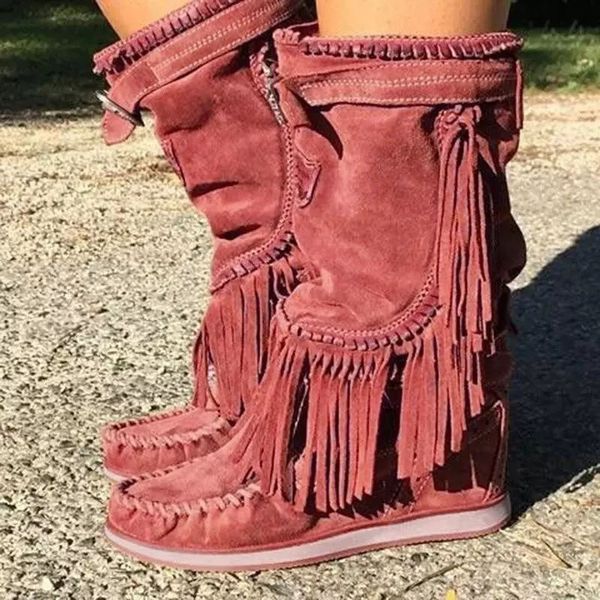 

women gladiator warm mid-calf boots 2020 woman vintage height increase flats ladies flock women's tassel female shoes plus size, Black