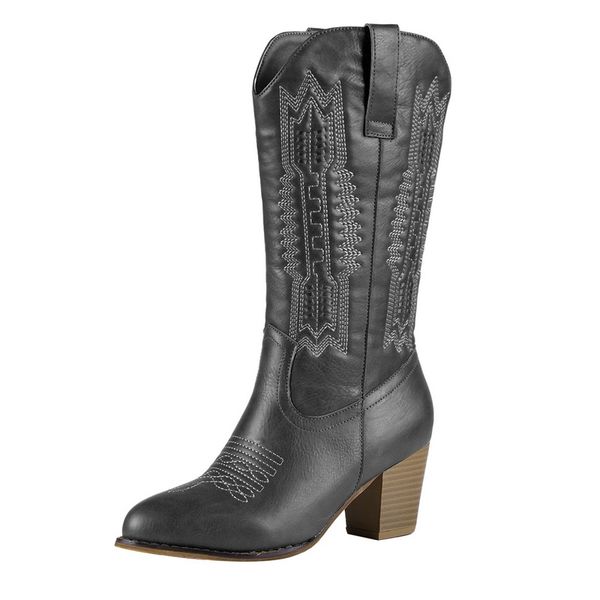 

flowers pattern colorful stitching elegant zipper lace up flat mid calf boots elegant shoes women shoes botas mujer, Black