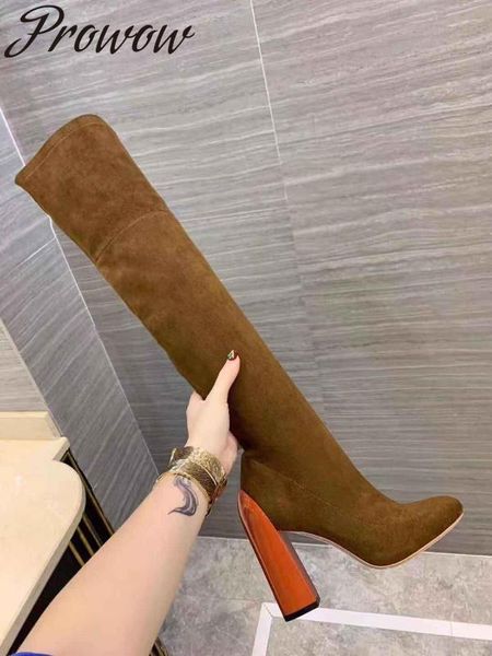 

prowow new gneuine leather over the knee high thigh boots metal trimmed thick heel night party boots, Black