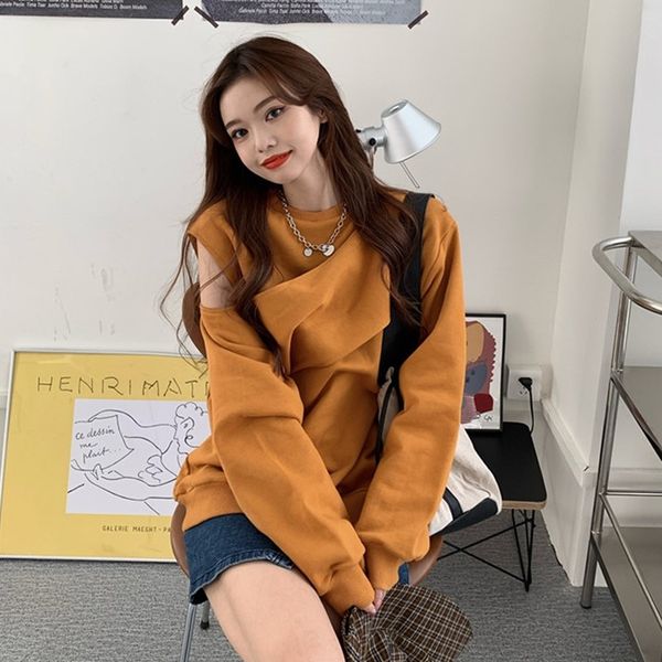 

все синхронизма sexyshoulder длинными рукавами женщин осень топ sweatersweater свитер 2020 новый корейский стиль нерегулярные раунд верхней, Black
