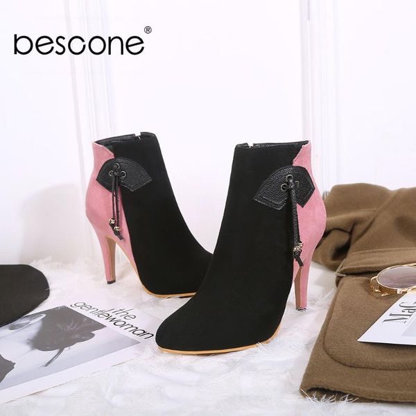 

bescone winter ladies mid-calf boots pointed toe mixed colors thin heel shoes handmade microfiber zipper women boots bm322, Black