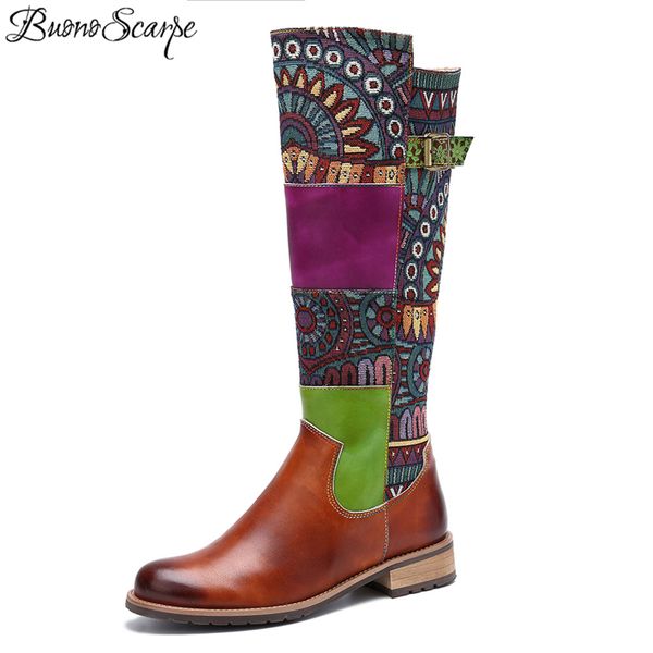 

bohemian patchwork leather boots buckle flat knee high botas mujer 2020 new fashion totem printed ethnic boots shoe, Black