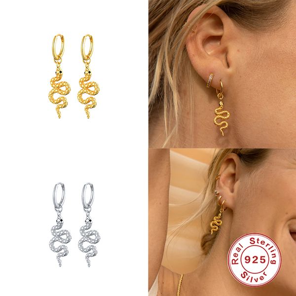 

100% 925 sterling silver pendientes serpiente animal snake long earring hoop earrings for woman lovers' valentine's day party, Golden;silver