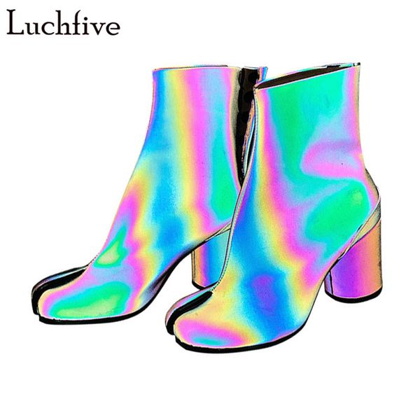 

boots 2021 bling short botas for women high heels split toes apart runway style shiny reflective buck ankle zapatos mujer, Black