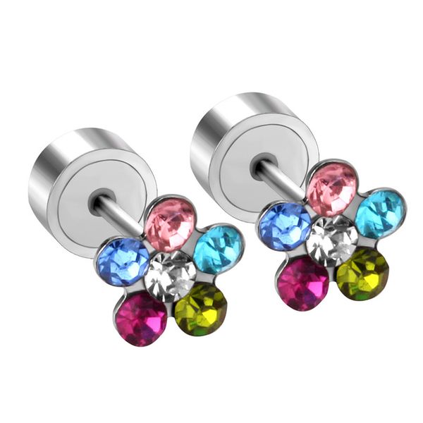 

stainless steel cute flower colorful zircon earring small stud pin musician piercing earrings for kids/women fashion jewelry, Golden;silver