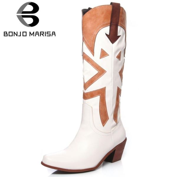 

boots bonjomarisa concise slip-on mixed-color dress brand design mid-calf western women high chunky heels shoes woman, Black