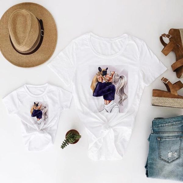 

family look super mom and dog mama and daughter clothes spring summer harajuku kids clothes streetwear round collar tshirt, Blue