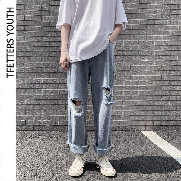 

men's jeans tfetters 2021 ripped for men summer thin washing distressed solid color casual vintage hole wide leg pants, Blue