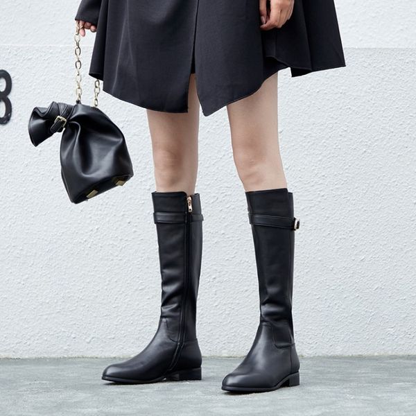 

mljuese 2020 women knee-high boots cow leather buckle strap winter low heel short plush high boots women size 34-42, Black