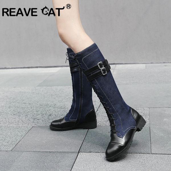 

reave cat winter shoes women round toe knee high boots buckle lace up denim+pu leather botas feminino mujer med heel boots a1386, Black
