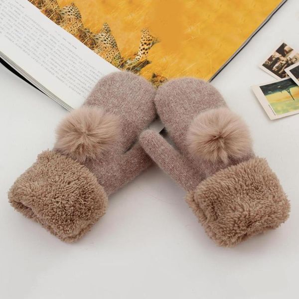 

winter high-grade wool women solid color pompom woolen gloves double-layer thickening plus velvet warm full finger mittens, Blue;gray