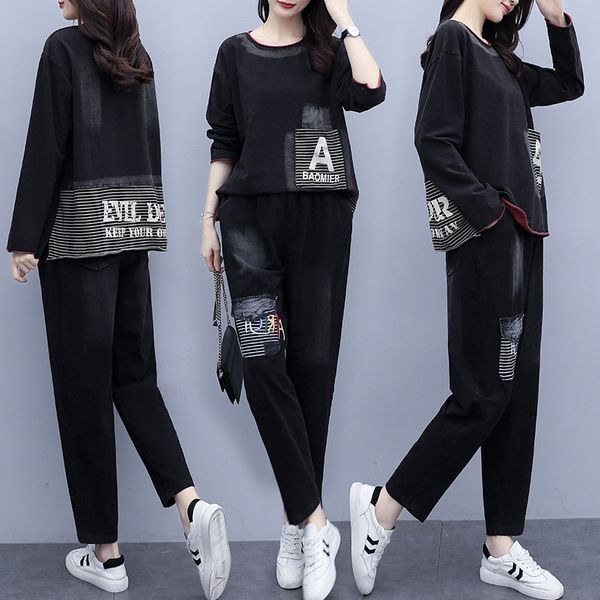 

large size women's embroidered sweater fashion suit 2020 new western style loose embroidery washed cotton casual sweater two-piece suit, Gray