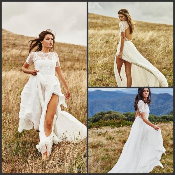 

new country style beach bohemian wedding dresses short sleeve lace high side split wedding dress bridal gowns vestidos de novia, White