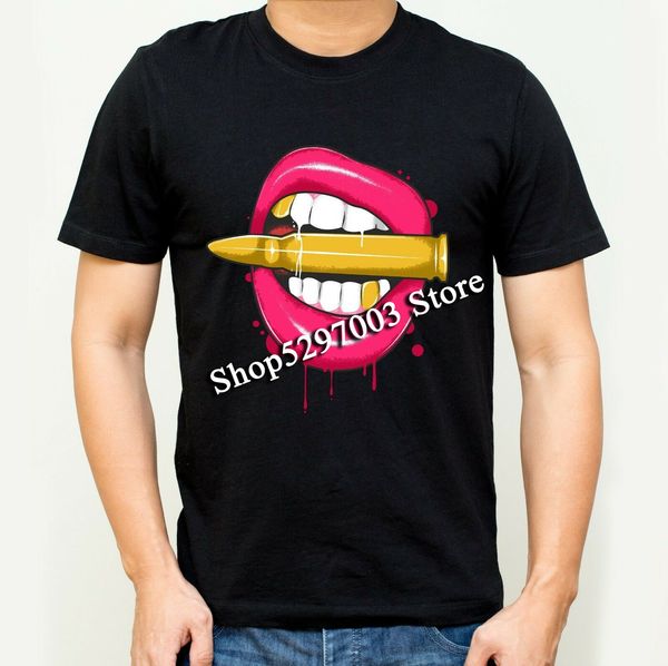 

bullets on pink lips black t shirt men woman custom print tee shirt