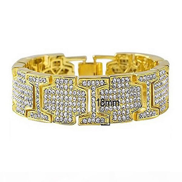 

hip hop bangle 14k gold plated cz crystal fully iced-out 18mm 22cm bracelet men's jewelry accessories gift for valentine day christmas, Golden;silver