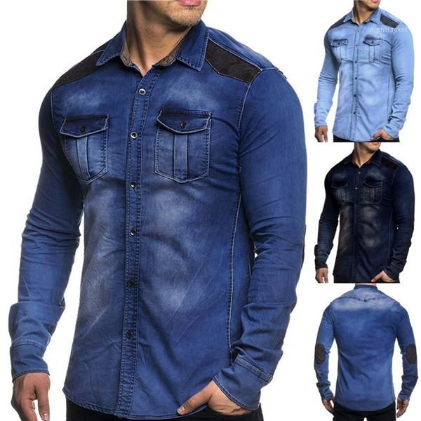 

sleeve men clothing fashion patchwork man casual shirts plus size mens denim shirts autumn lapel neck long, White;black