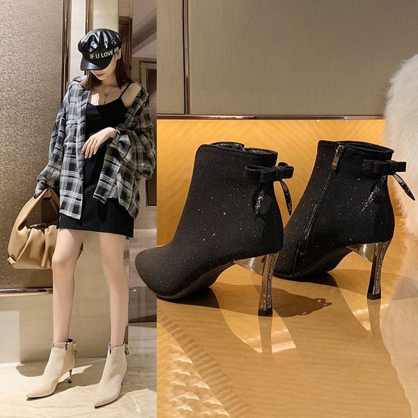 

stiletto high-heeled boots women's autumn fashion shiny low boots highlight the body temperament women's, Black