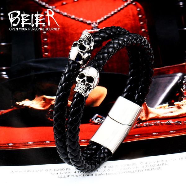 

Beier new store new leather woven men's bracelet punk double skull fashion party jewelry gift LLBC-L049