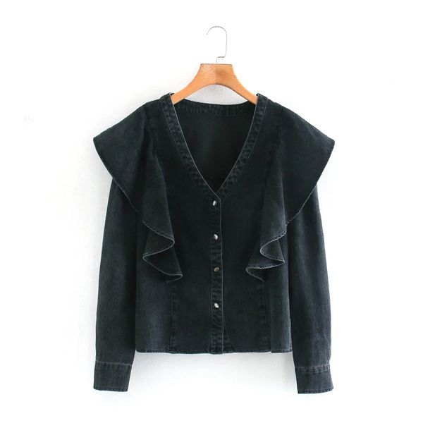 

2020 a line v neck designer long sleeve fall new women blouses fashion fall new women's wear thin layered decoration jean shirt, White
