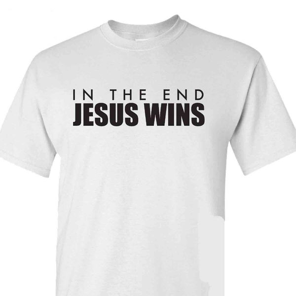 

cotton men t-shirt in the end jesus wins christian catholic t-shirt great gift religious tee men cool tees