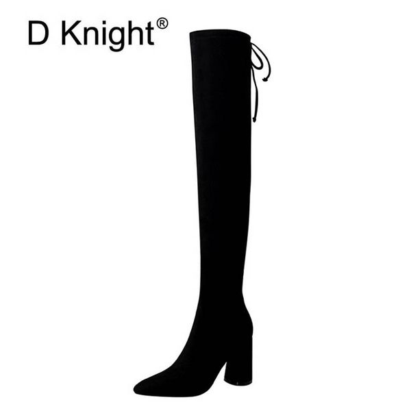 

boots ladies casual pointed toe square high heels long fashion plain solid flock over the knee winter for women size 34-40, Black