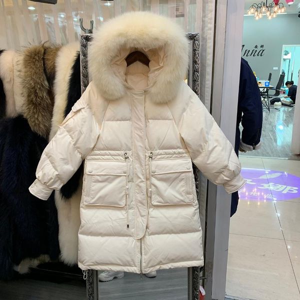 

2020 new winter women big fur collar white duck down coats loose long parka female hooded drawstring elastic waist jacket s74, Black