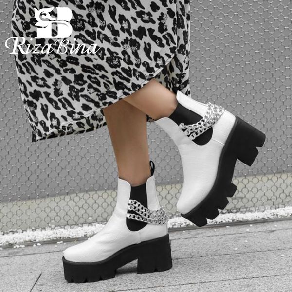 

boots rizabina women ankle shoes round toe thick heel slip on chain cool punk gothic ladies footwear size 32-43, Black