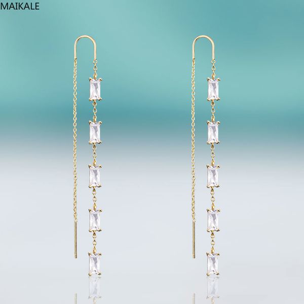 

dangle & chandelier mekale trend long earrings for women square + cubic zirconia zircon copper chain drop earing wedding party jewelry, Silver