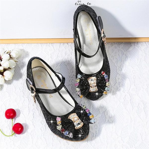 

princess kids leather shoes for girl flower casual sequins glitter children high heel fashion butterfly knot girls shoes, Black;red