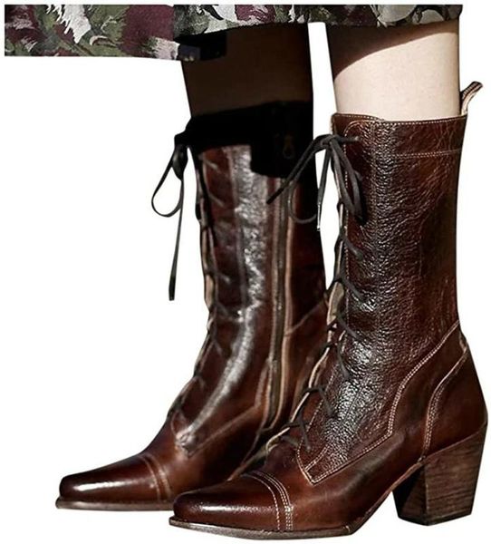 

boots women mid-calf high heels vintage pu leather lace up shoes plus size gladiator booties woman mujer zapatos d1500, Black